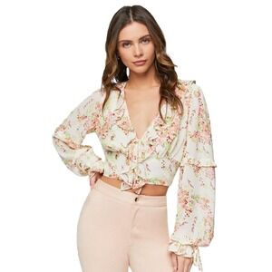 Forever 21 Floral Ruffle Trim Crop Top Long Sleeve Blouse S